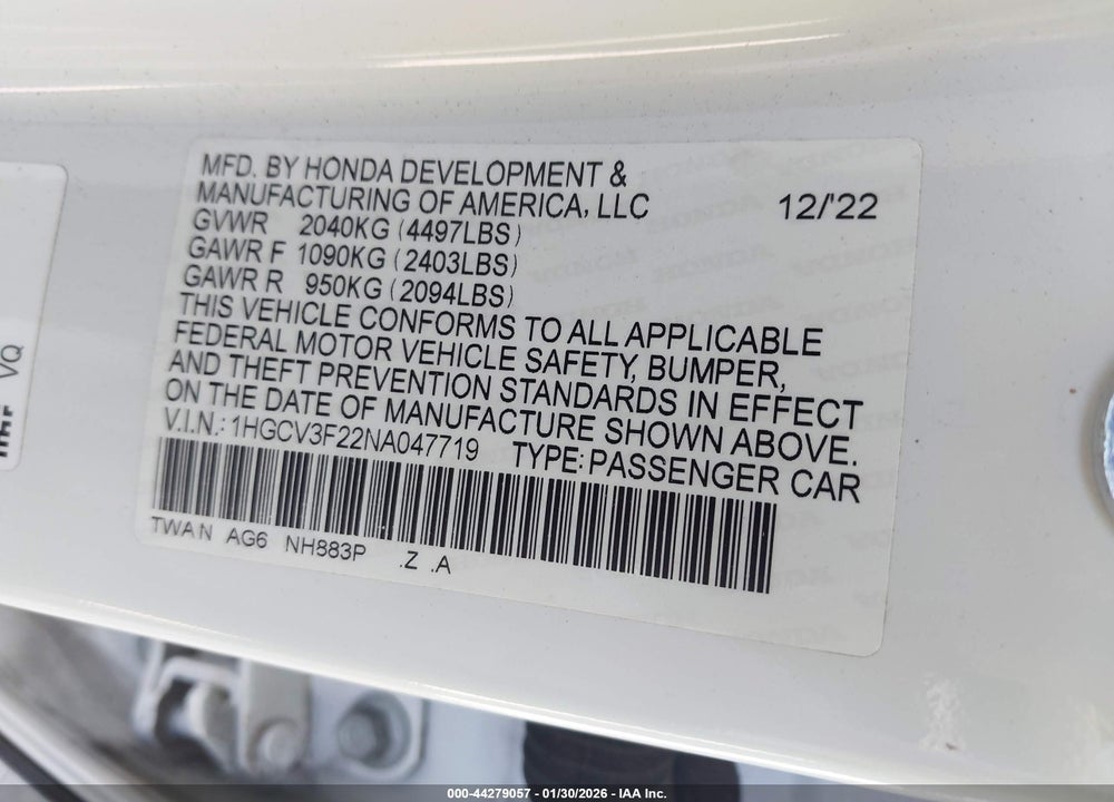 2022 HONDA ACCORD HYBRID SPORT VIN: 1HGCV3F22NA047719