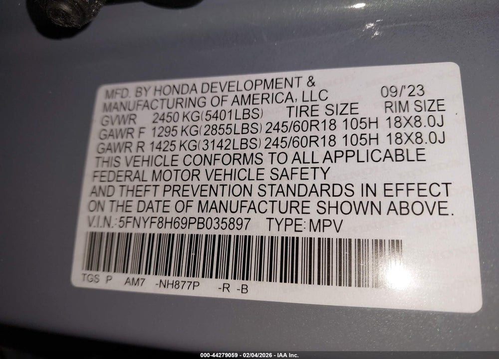 2023 HONDA PASSPORT AWD TRAILSPORT VIN: 5FNYF8H69PB035897