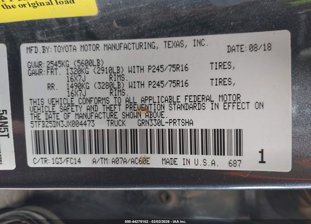2018 TOYOTA TACOMA SR5 VIN: 5TFBZ5DN3JX004473