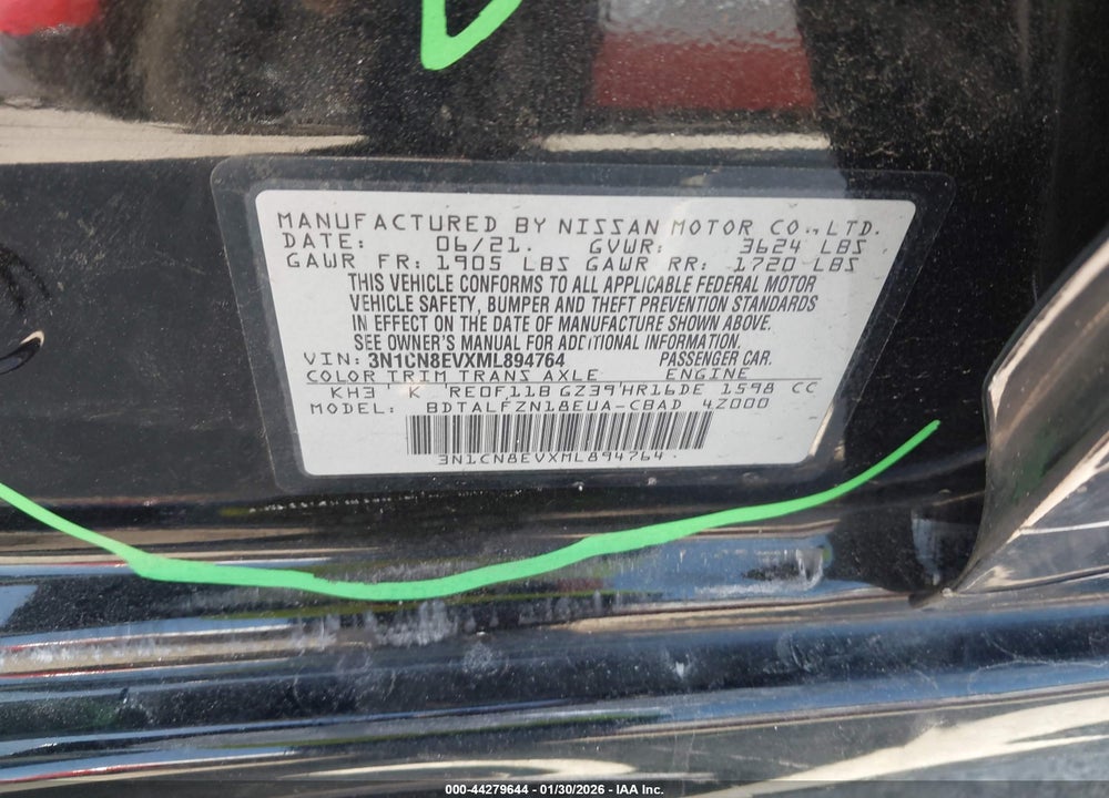 2021 NISSAN VERSA SV VIN: 3N1CN8EVXML894764