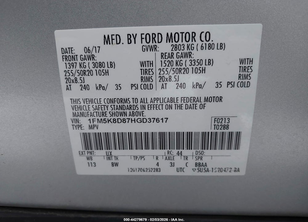 2017 FORD EXPLORER XLT VIN: 1FM5K8D87HGD37617