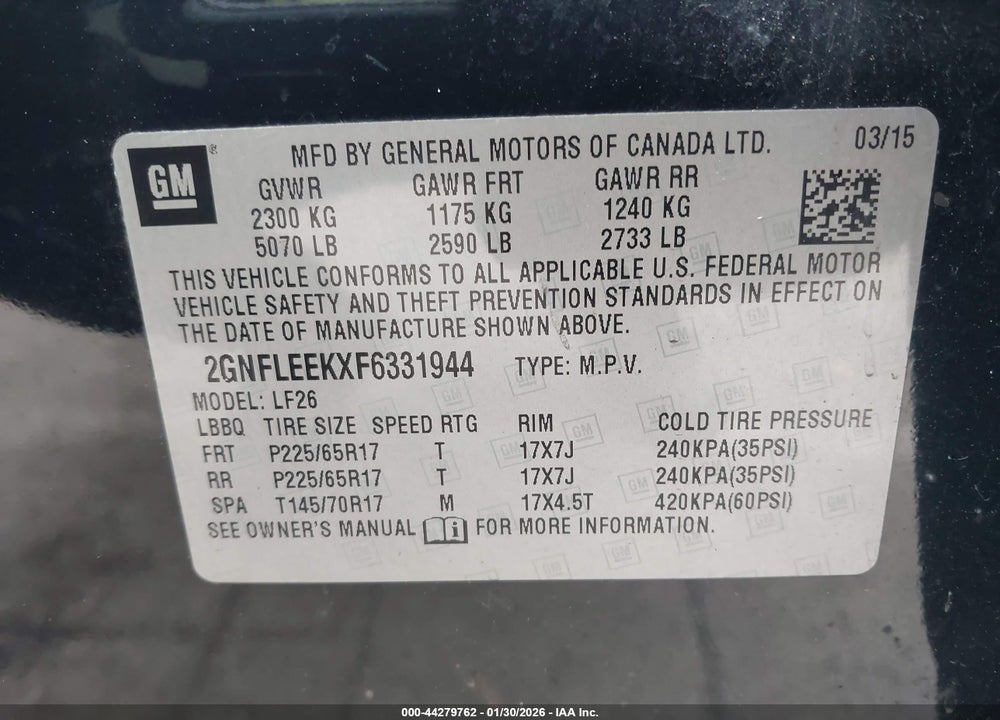 2015 CHEVROLET EQUINOX LS VIN: 2GNFLEEKXF6331944