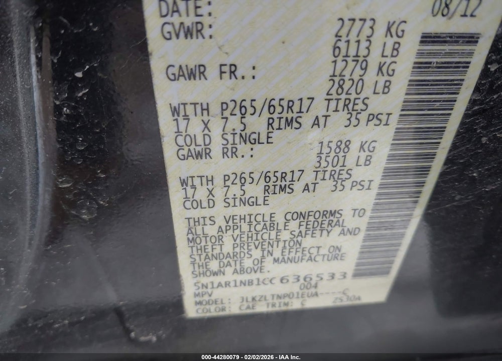 2012 NISSAN PATHFINDER SV VIN: 5N1AR1NB1CC636533