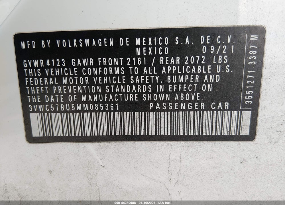 2021 VOLKSWAGEN JETTA 1.4T R-LINE/1.4T S/1.4T SE VIN: 3VWC57BU5MM085361