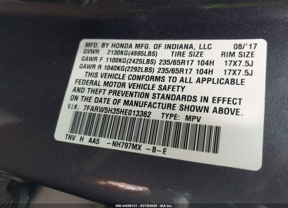 2017 HONDA CR-V LX VIN: 7FARW5H35HE013362