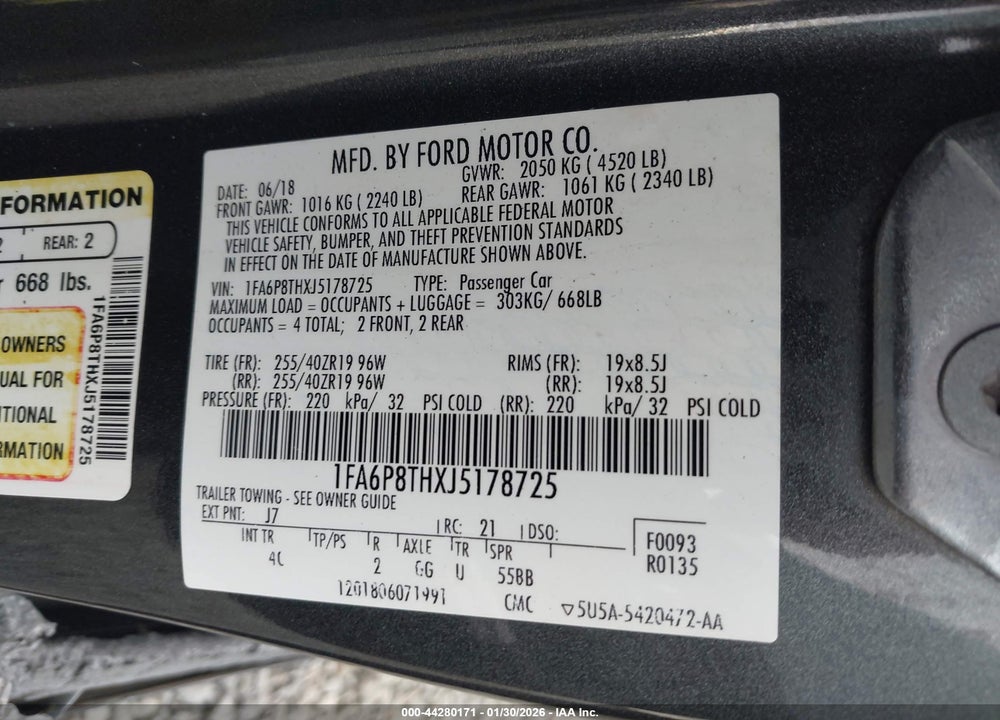 2018 FORD MUSTANG ECOBOOST VIN: 1FA6P8THXJ5178725