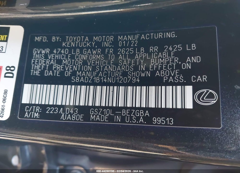 2022 LEXUS ES 350 VIN: 58ADZ1B14NU120794