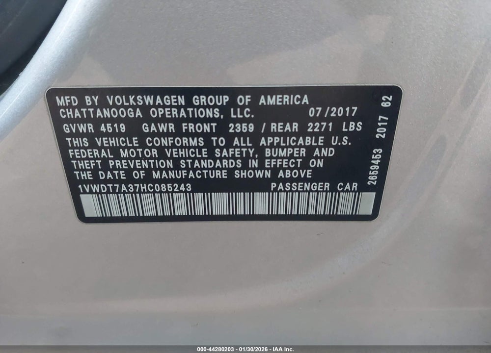 2017 VOLKSWAGEN PASSAT 1.8T R-LINE VIN: 1VWDT7A37HC085243