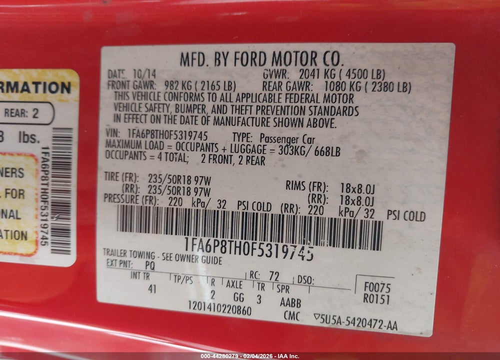 2015 FORD MUSTANG ECOBOOST VIN: 1FA6P8TH0F5319745