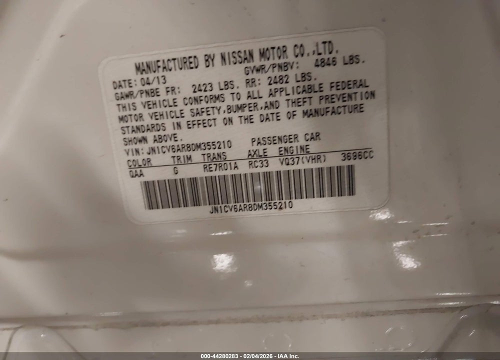 2013 INFINITI G37X VIN: JN1CV6AR8DM355210