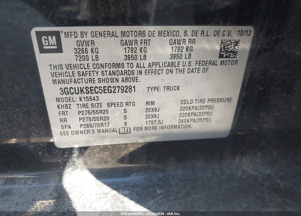 2014 CHEVROLET SILVERADO 1500 1LZ VIN: 3GCUKSEC5EG279281