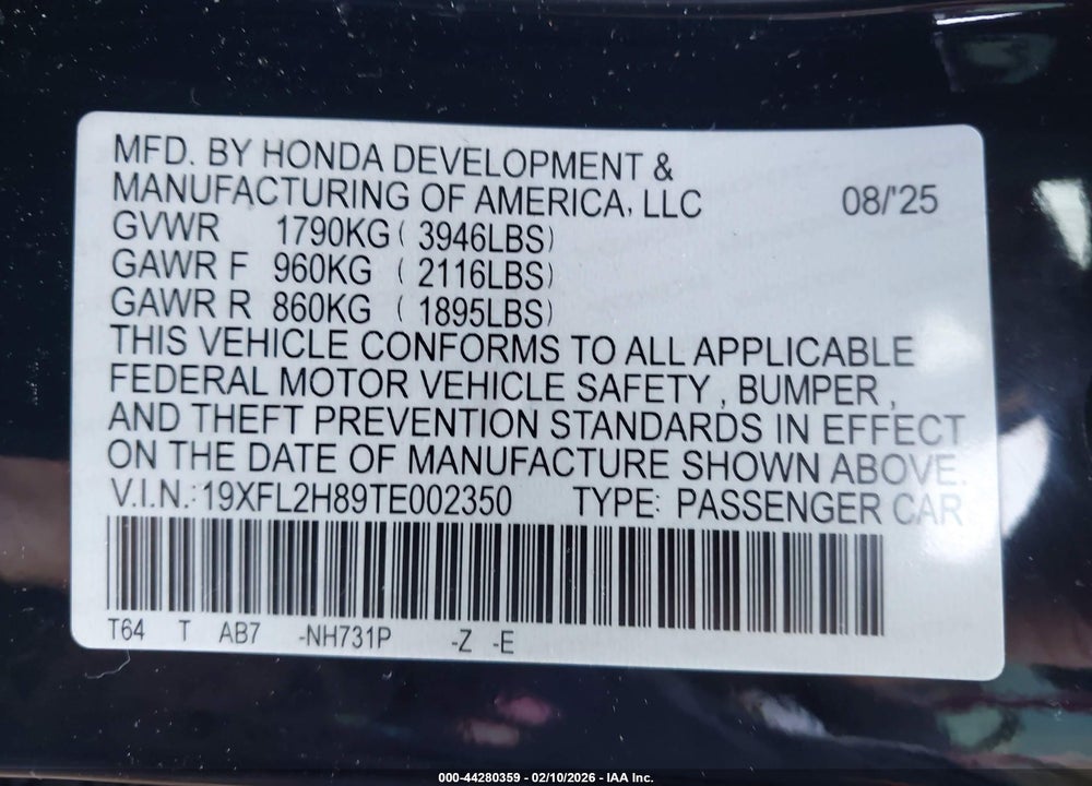 2026 HONDA CIVIC SPORT VIN: 19XFL2H89TE002350
