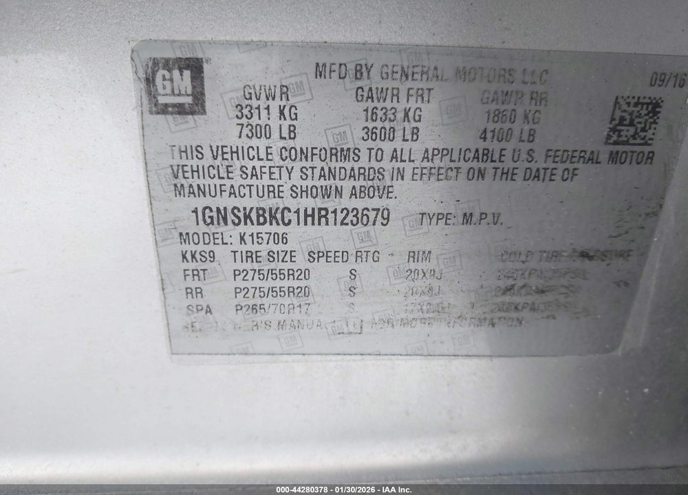 2017 CHEVROLET TAHOE LT VIN: 1GNSKBKC1HR123679