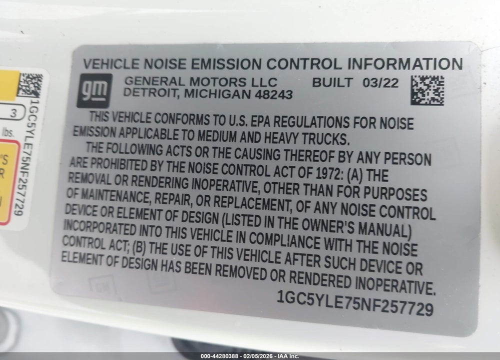 2022 CHEVROLET SILVERADO 2500HD 4WD  STANDARD BED WT VIN: 1GC5YLE75NF257729