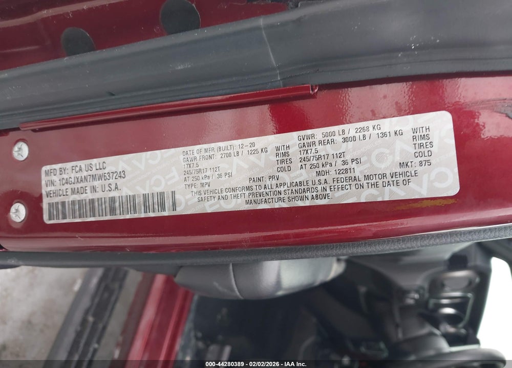 2021 JEEP WRANGLER SPORT 4X4 VIN: 1C4GJXAN7MW637243
