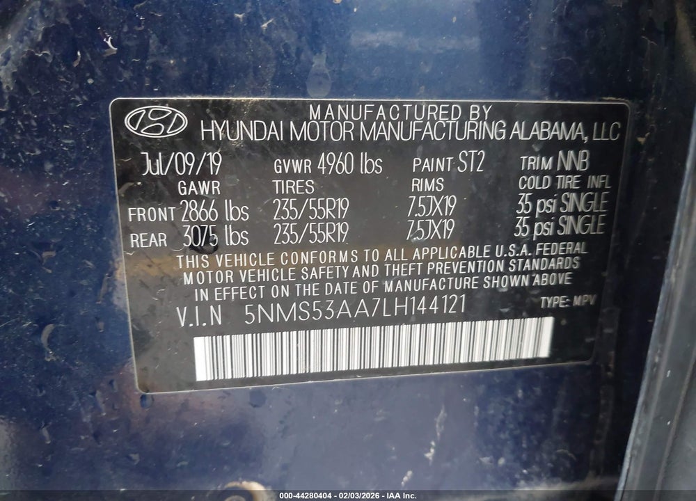 2020 HYUNDAI SANTA FE LIMITED 2.0T VIN: 5NMS53AA7LH144121