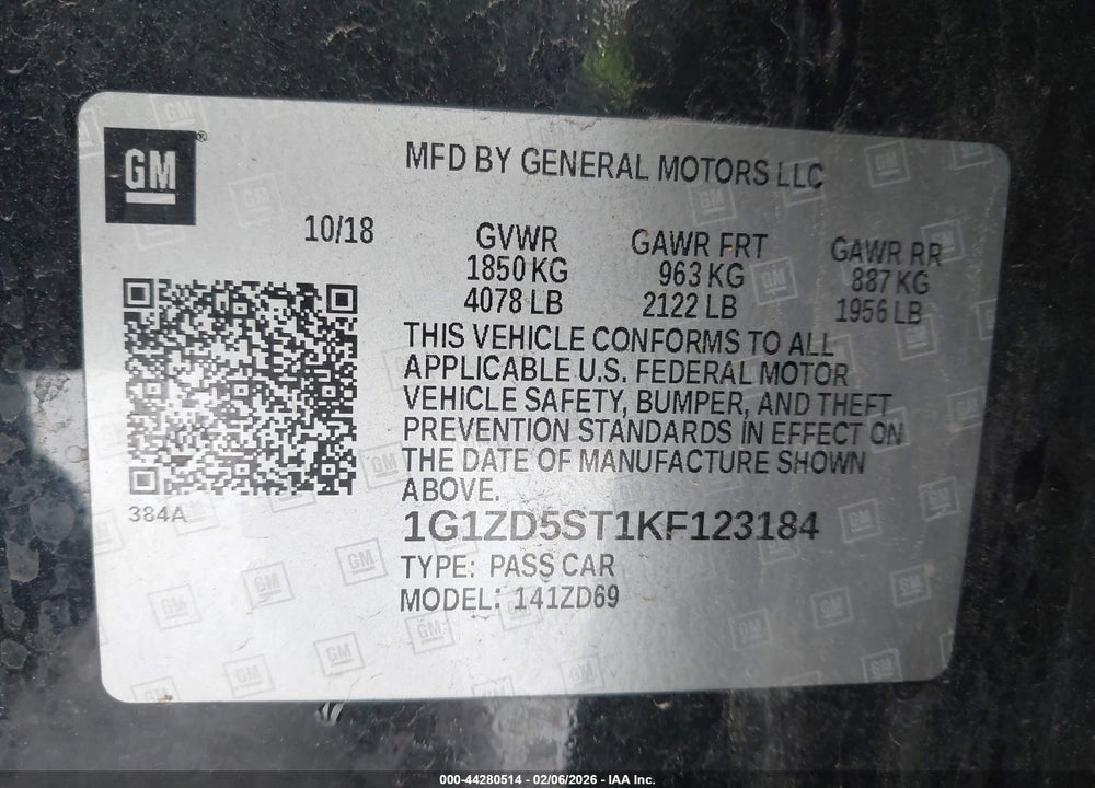 2019 CHEVROLET MALIBU LT VIN: 1G1ZD5ST1KF123184