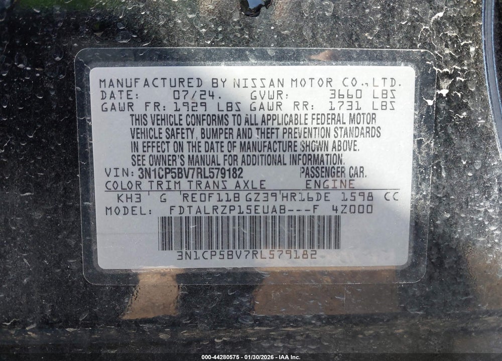 2024 NISSAN KICKS S XTRONIC CVT VIN: 3N1CP5BV7RL579182
