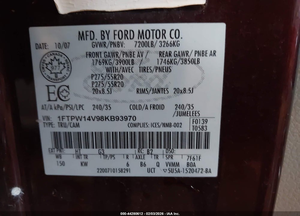 2008 FORD F-150 VIN: 1FTPW14V98KB93970