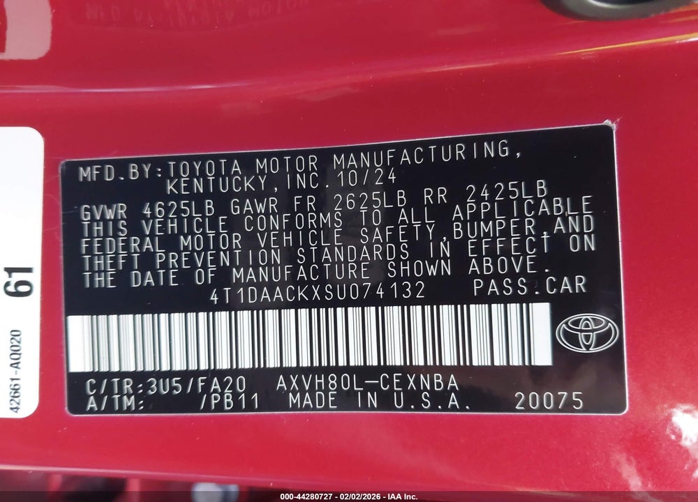 2025 TOYOTA CAMRY LE VIN: 4T1DAACKXSU074132