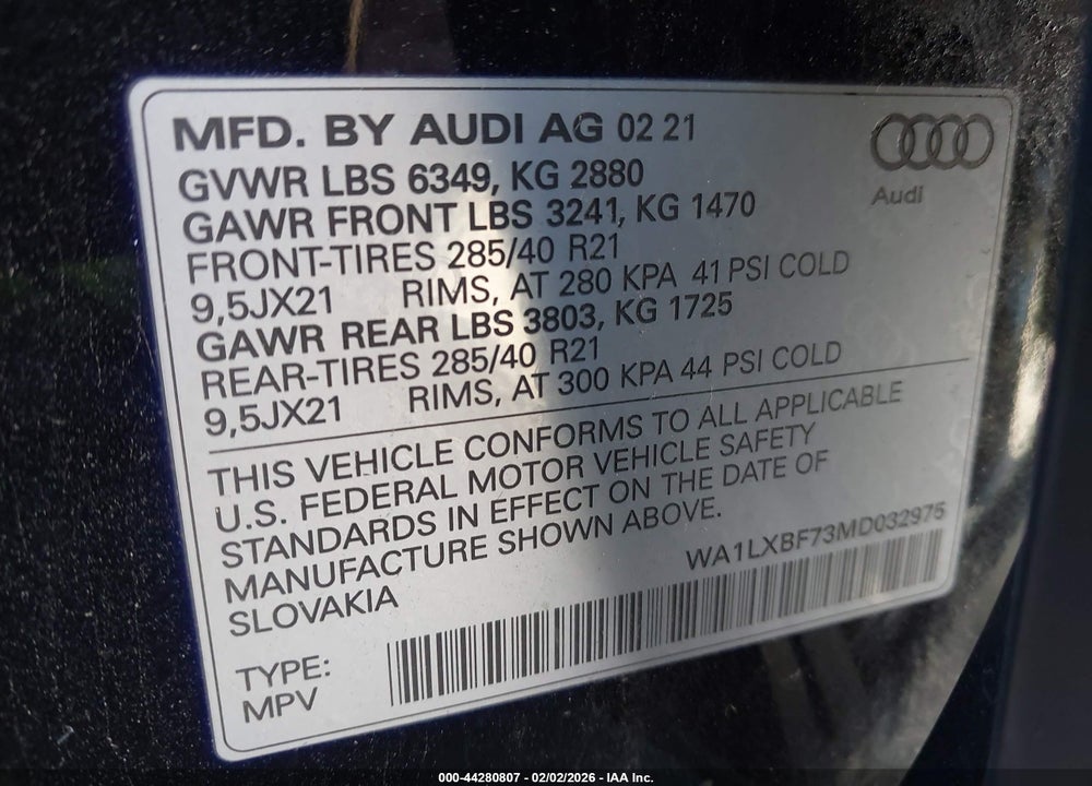 2021 AUDI Q7 PREMIUM PLUS 55 TFSI QUATTRO TIPTRONIC VIN: WA1LXBF73MD032975
