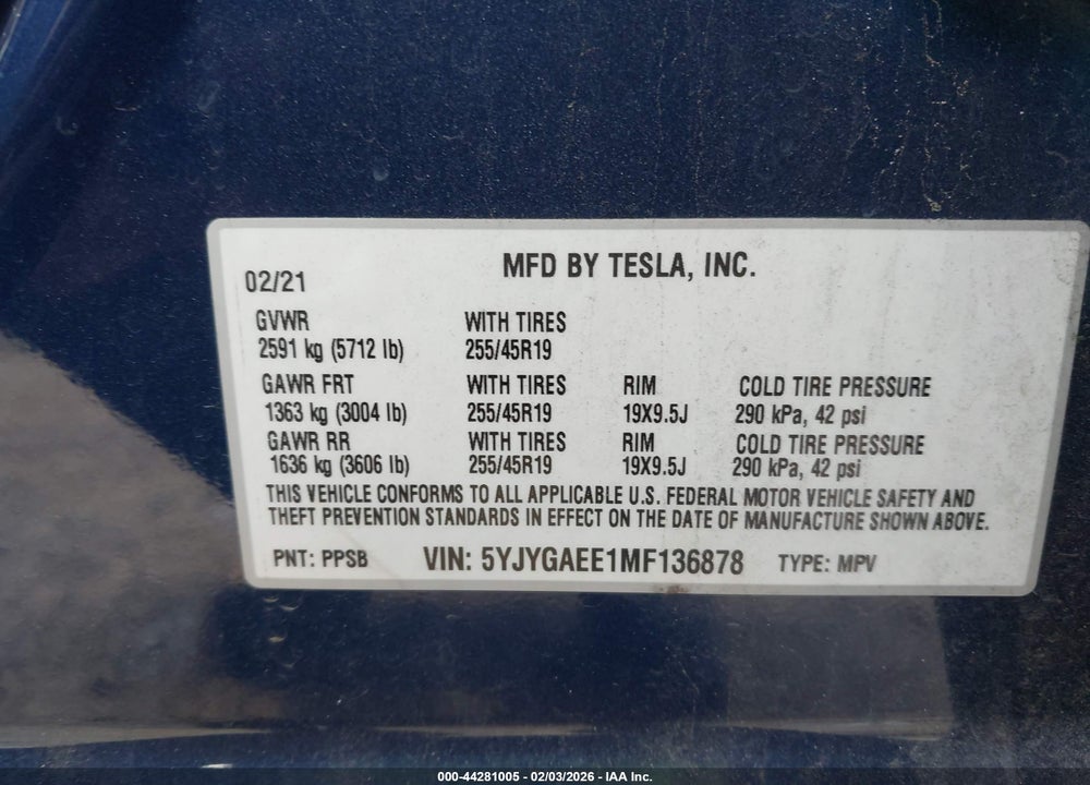 2021 TESLA MODEL Y LONG RANGE DUAL MOTOR ALL-WHEEL DRIVE VIN: 5YJYGAEE1MF136878