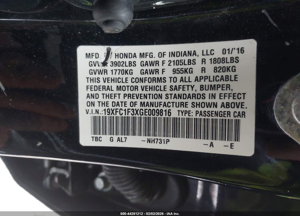 2016 HONDA CIVIC EX VIN: 19XFC1F3XGE009816