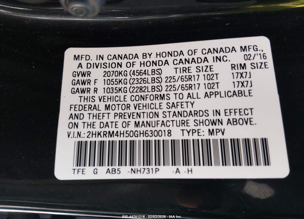 2016 HONDA CR-V EX VIN: 2HKRM4H50GH630018
