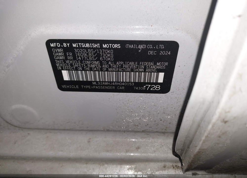 2024 MITSUBISHI MIRAGE SE VIN: ML32AWHJ4RH040153