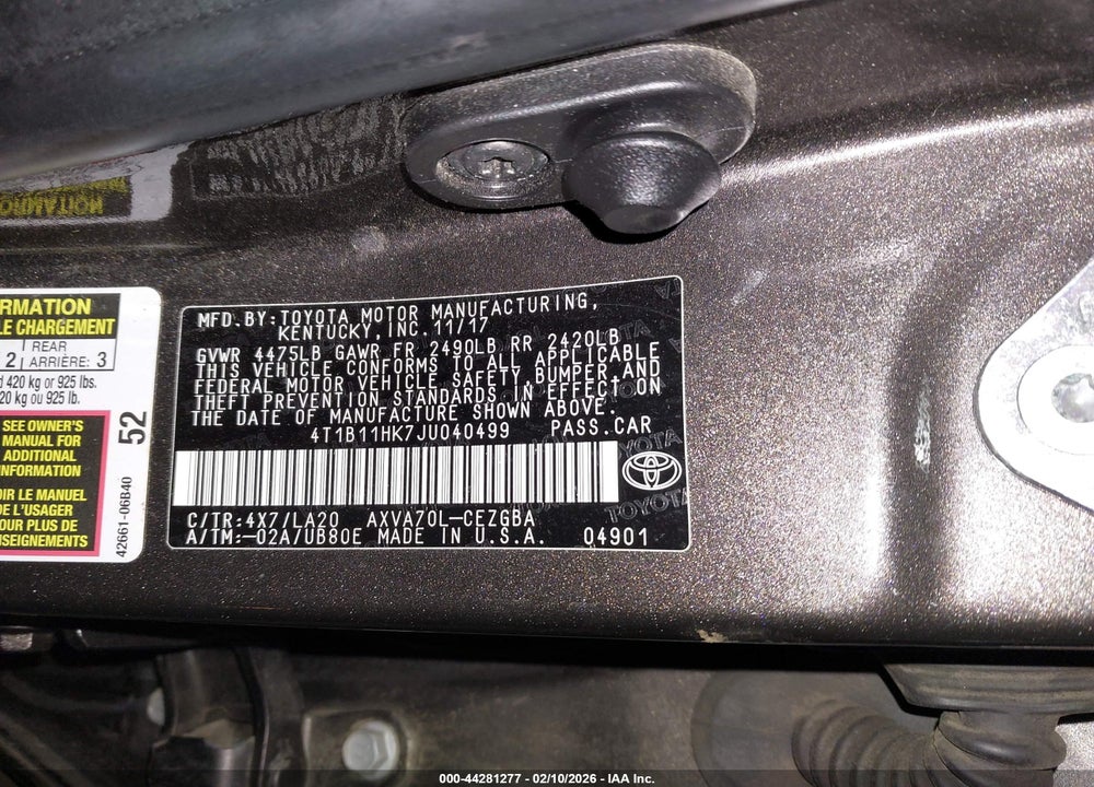 2018 TOYOTA CAMRY XLE VIN: 4T1B11HK7JU040499