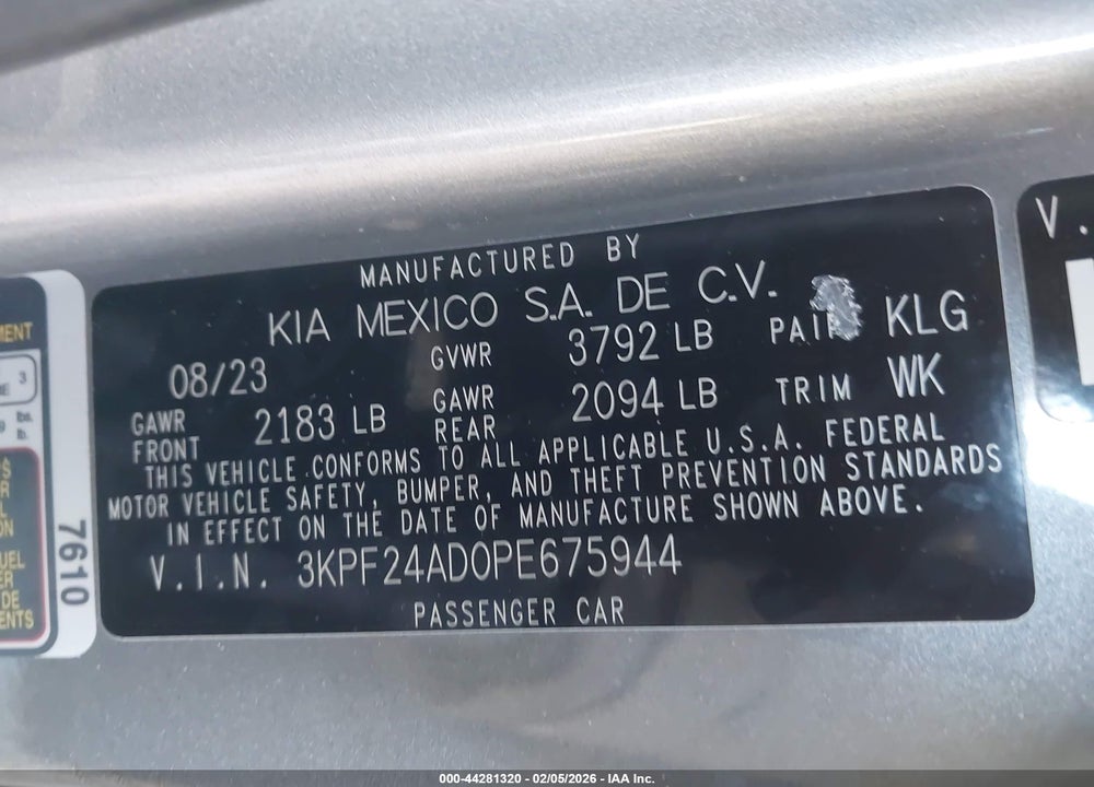 2023 KIA FORTE LXS VIN: 3KPF24AD0PE675944