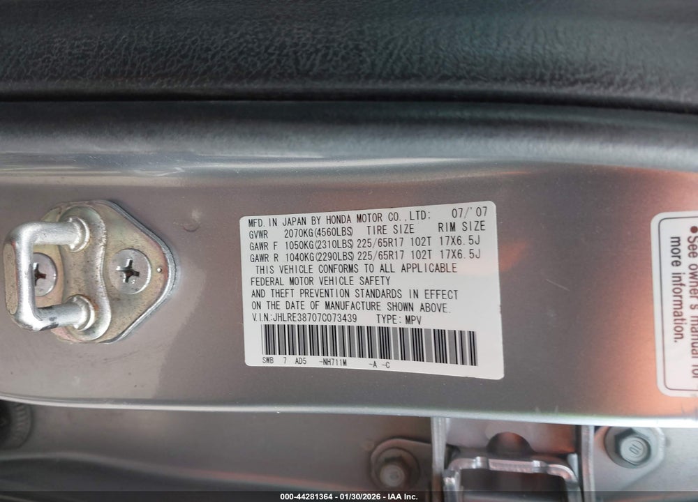 2007 HONDA CR-V EX-L VIN: JHLRE38707C073439