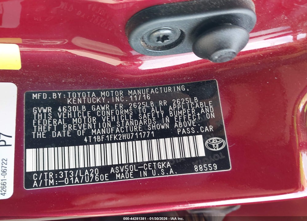 2017 TOYOTA CAMRY XLE VIN: 4T1BF1FK2HU711771