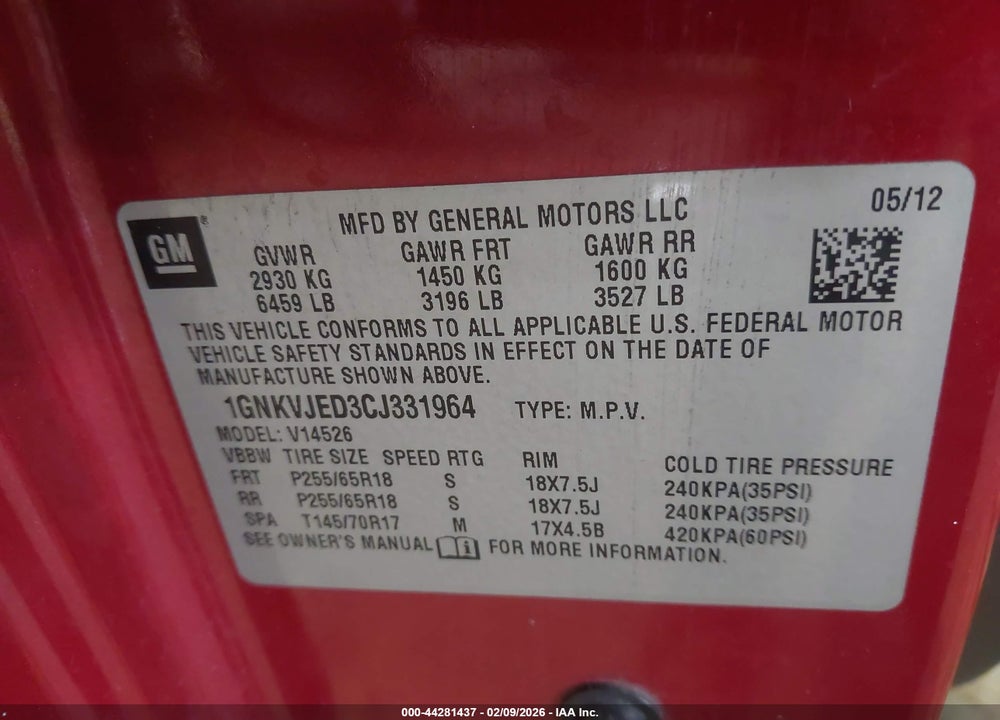 2012 CHEVROLET TRAVERSE 2LT VIN: 1GNKVJED3CJ331964