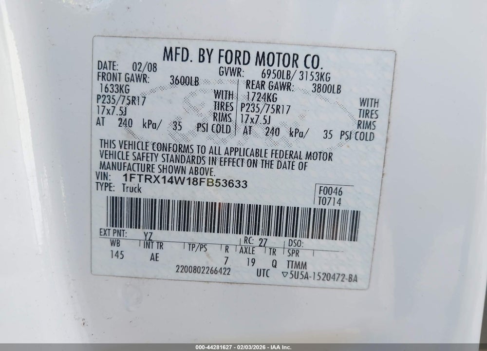 2008 FORD F-150 STX/XL/XLT VIN: 1FTRX14W18FB53633