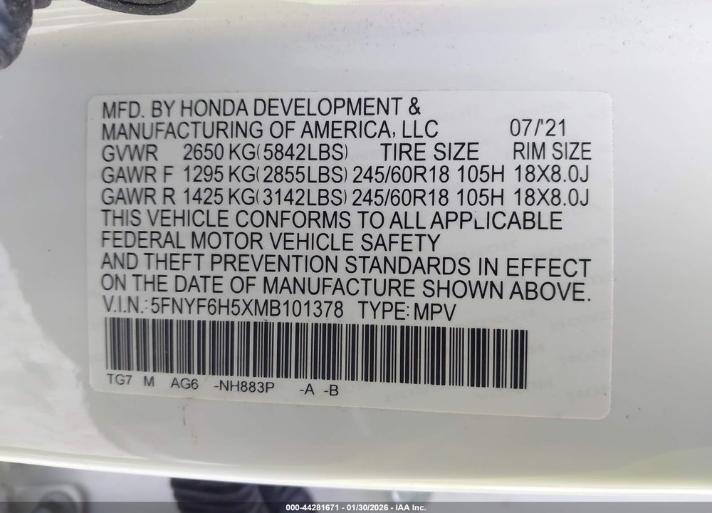 2021 HONDA PILOT AWD EX-L VIN: 5FNYF6H5XMB101378