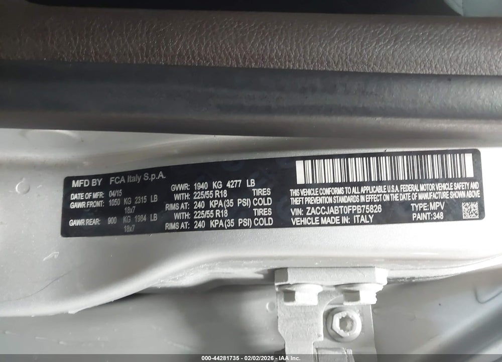 2015 JEEP RENEGADE LATITUDE VIN: ZACCJABT0FPB75826