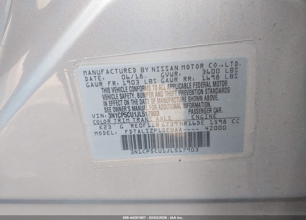 2018 NISSAN KICKS SV VIN: 3N1CP5CU1JL517903