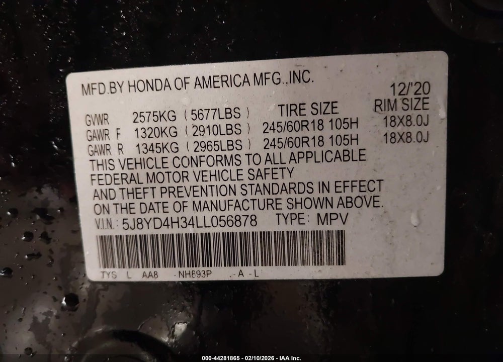 2020 ACURA MDX STANDARD VIN: 5J8YD4H34LL056878