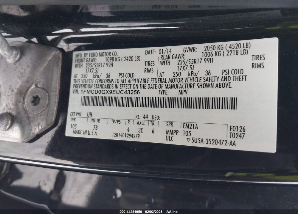 2014 FORD ESCAPE SE VIN: 1FMCU0GX9EUC43256