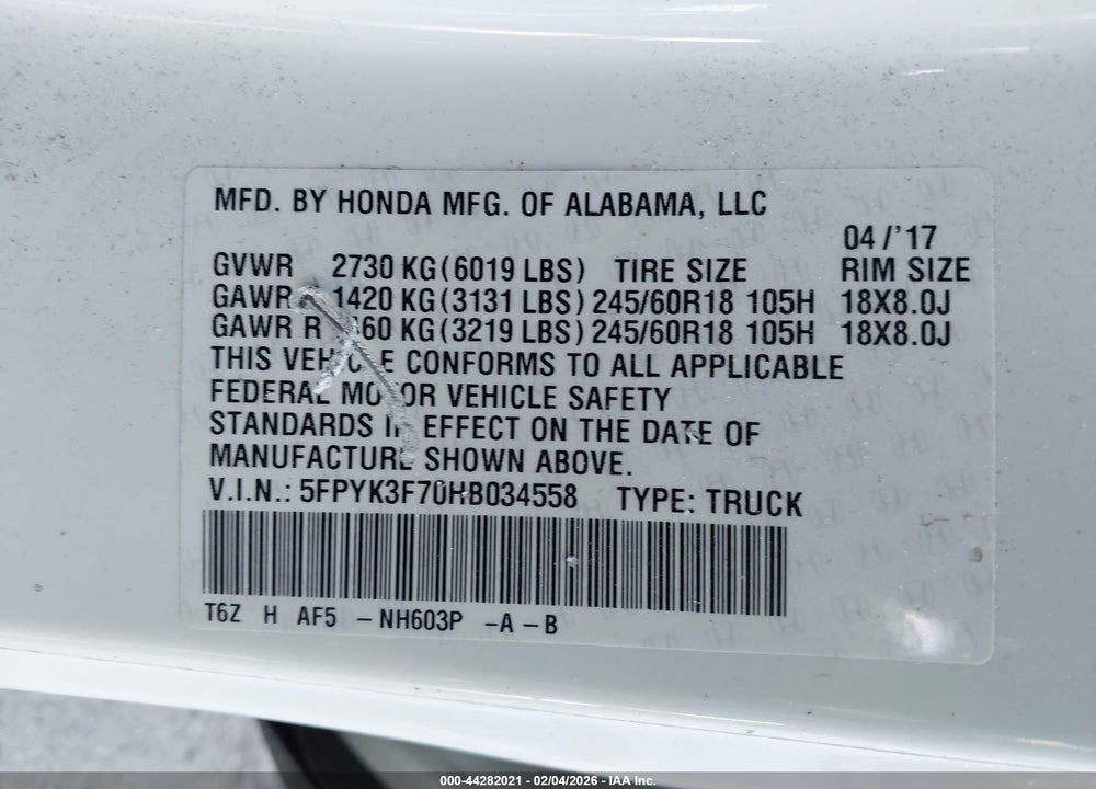 2017 HONDA RIDGELINE RTL-E VIN: 5FPYK3F70HB034558