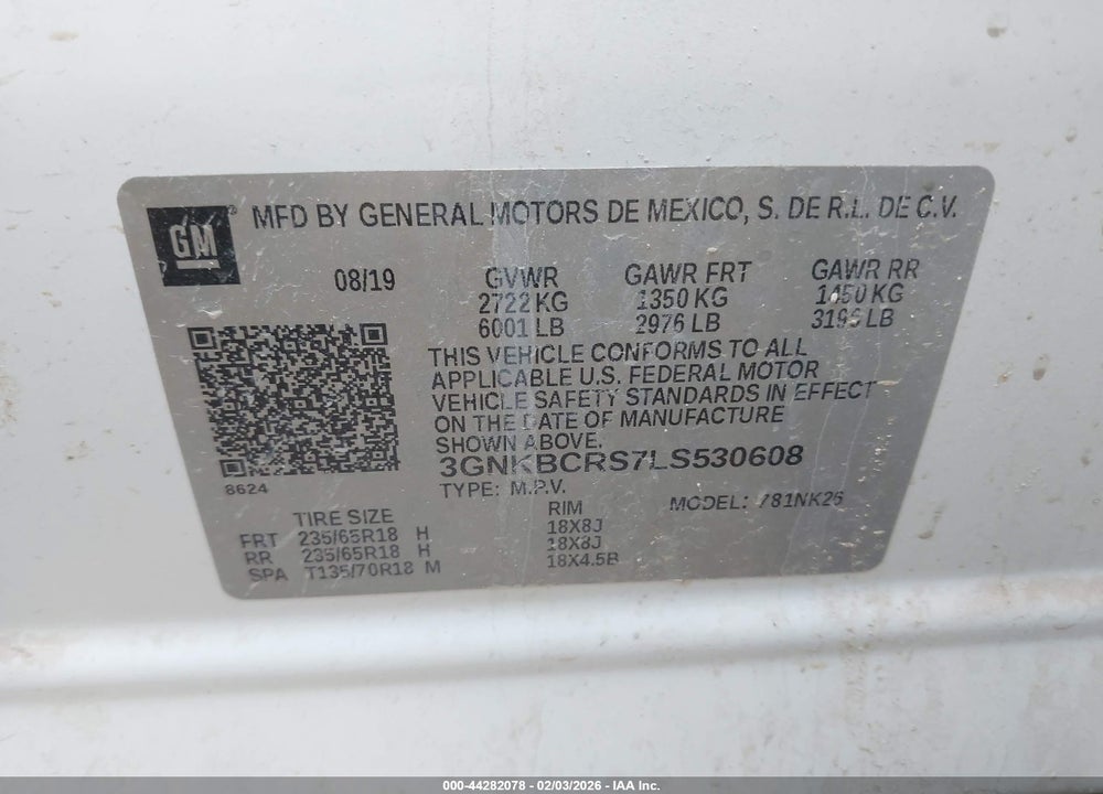 2020 CHEVROLET BLAZER FWD 2LT VIN: 3GNKBCRS7LS530608