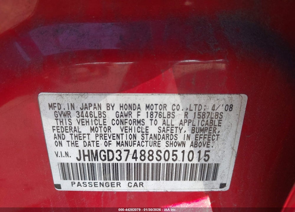 2008 HONDA FIT VIN: JHMGD37488S051015