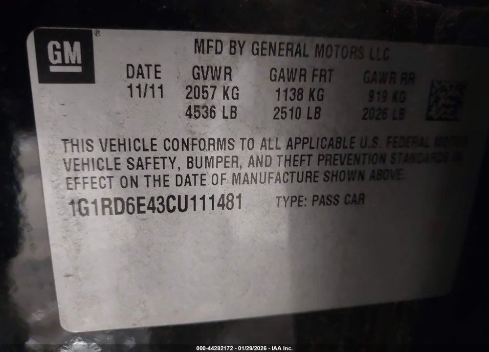 2012 CHEVROLET VOLT VIN: 1G1RD6E43CU111481