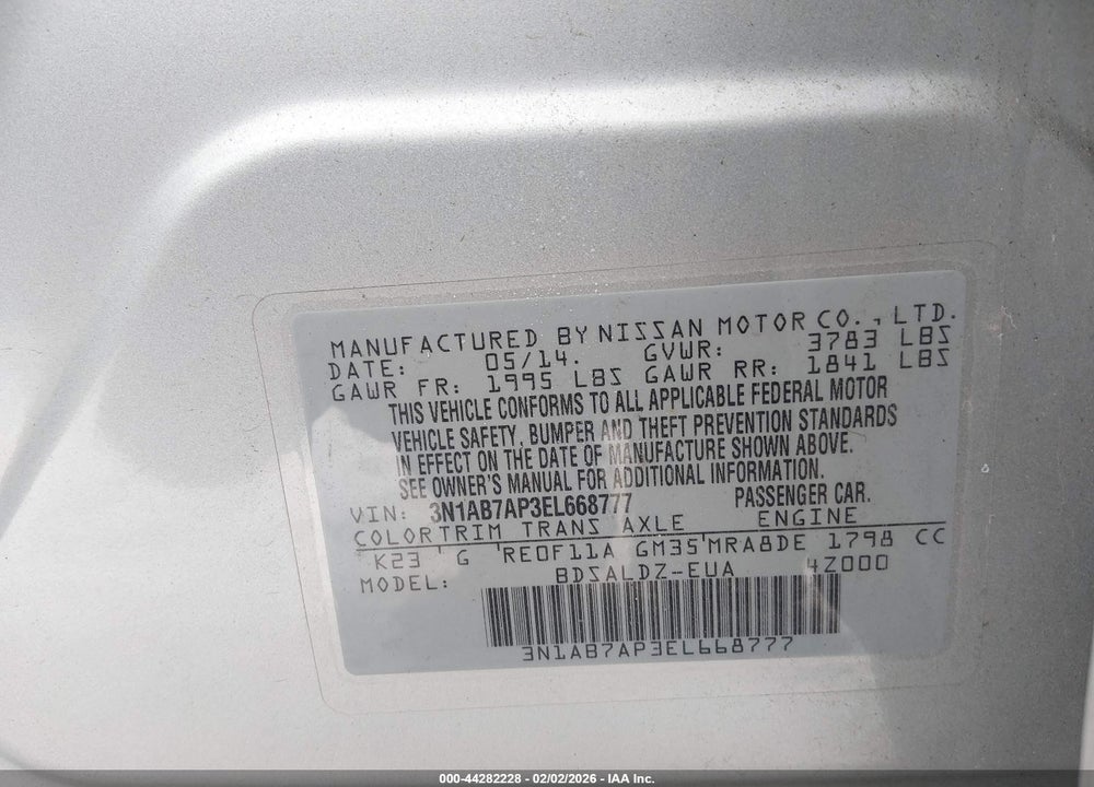 2014 NISSAN SENTRA SV VIN: 3N1AB7AP3EL668777