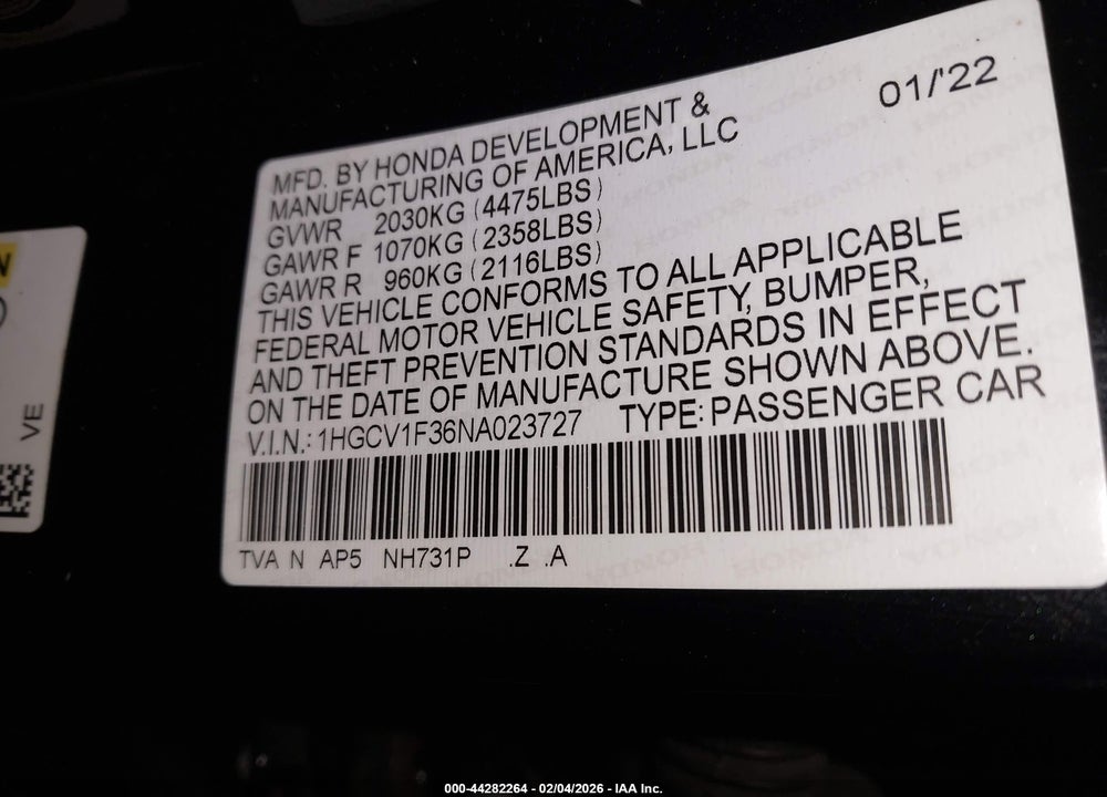 2022 HONDA ACCORD SPORT VIN: 1HGCV1F36NA023727