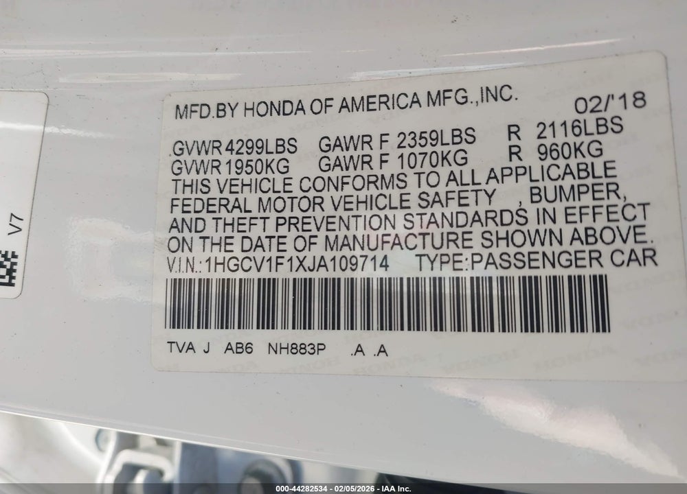 2018 HONDA ACCORD LX VIN: 1HGCV1F1XJA109714