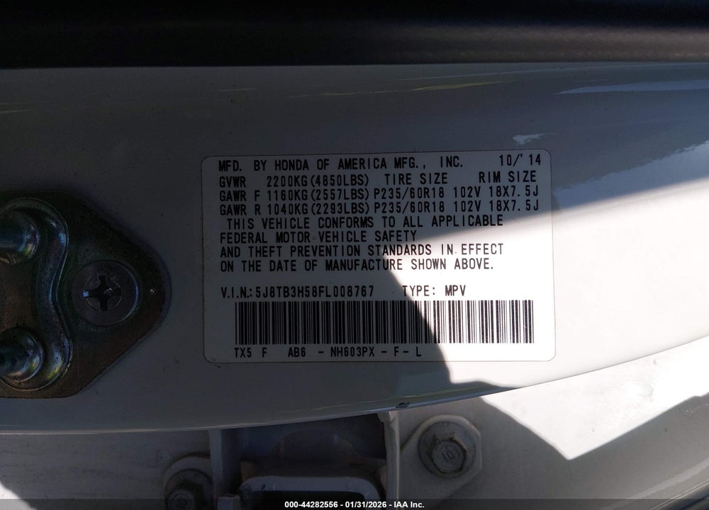 2015 ACURA RDX VIN: 5J8TB3H58FL008767