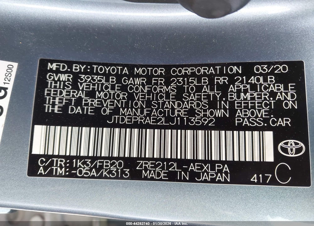 2020 TOYOTA COROLLA LE VIN: JTDEPRAE2LJ113592