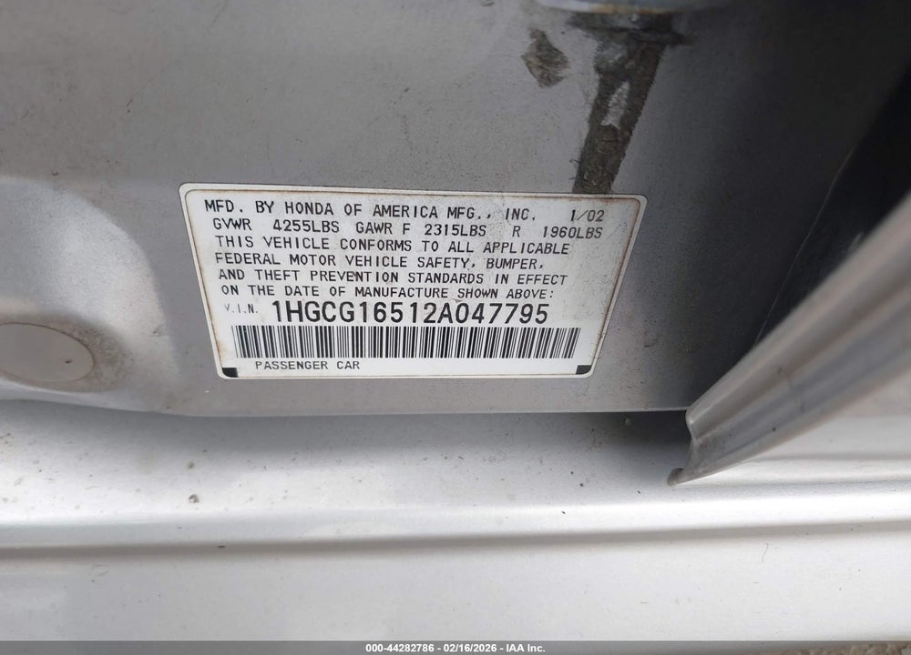 2002 HONDA ACCORD SDN EX W/LEATHER VIN: 1HGCG16512A047795
